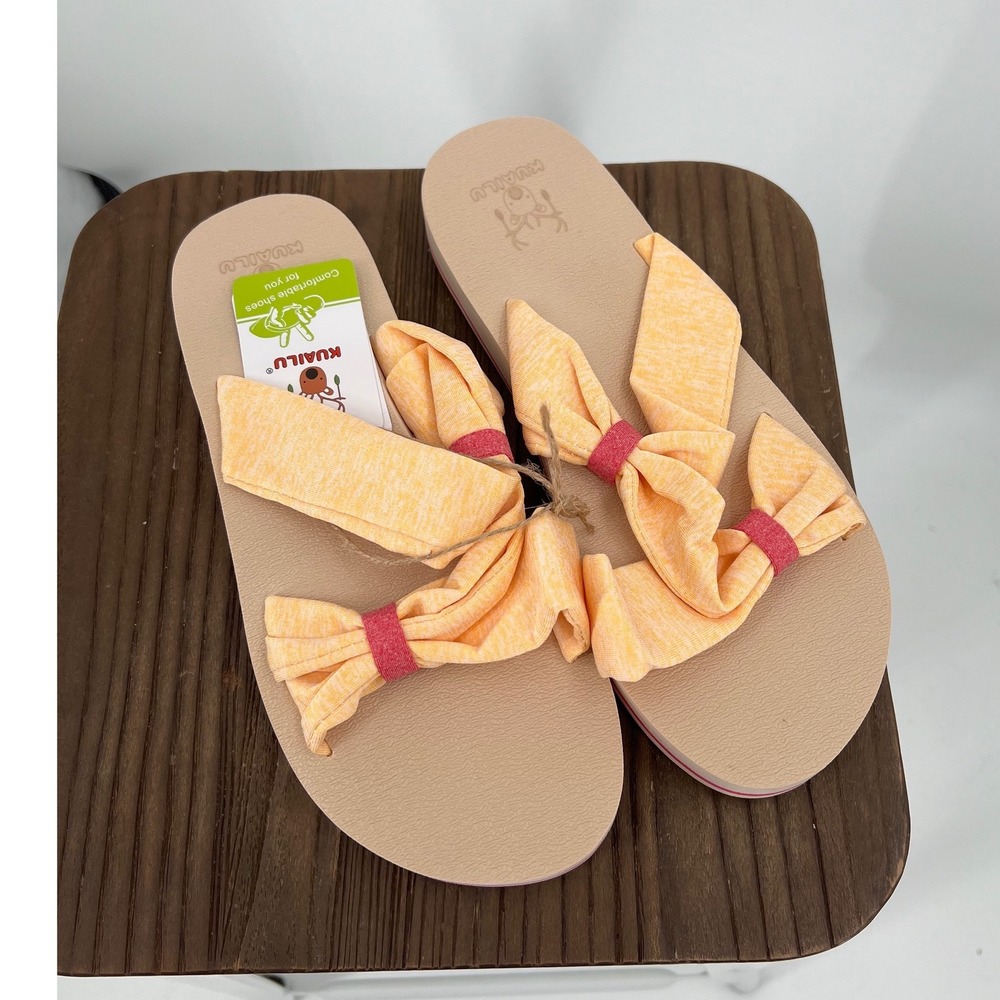 KUAILU Womens Platform Flip Flops Orange Bow Yoga Mat Comfort Sandals Size 9 NWT